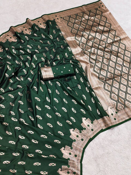 Deep Bottle Green Banarasi Silk Saree with Gold Zari Butta and Rich Pallu