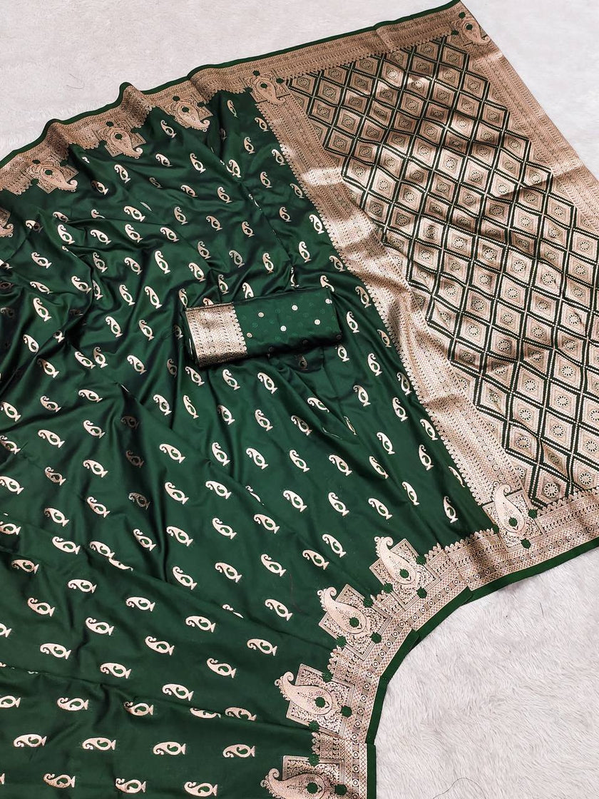 Deep Bottle Green Banarasi Silk Saree with Gold Zari Butta and Rich Pallu
