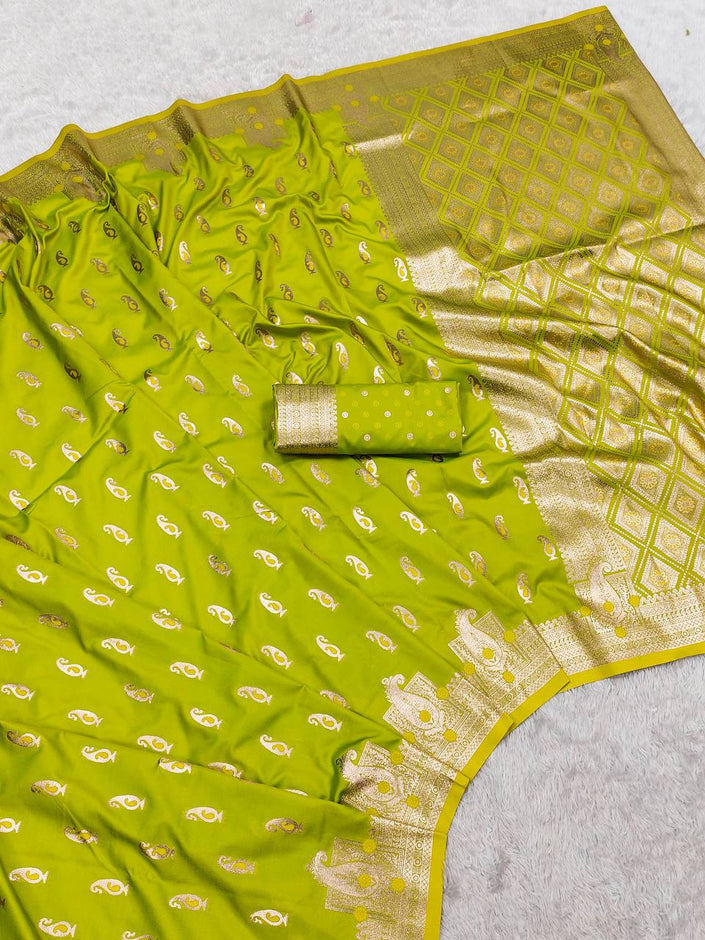 Radiant Lime Green Kanchipuram Style Silk Saree with Gold Zari Butta & Intricate Pallu