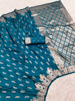 Exquisite Peacock Blue Soft Silk Saree with Silver Zari Paisley Butta & Ornate Pallu