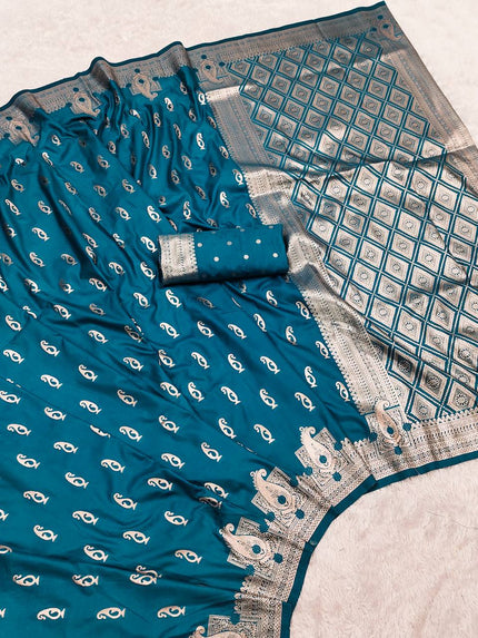 Exquisite Peacock Blue Soft Silk Saree with Silver Zari Paisley Butta & Ornate Pallu