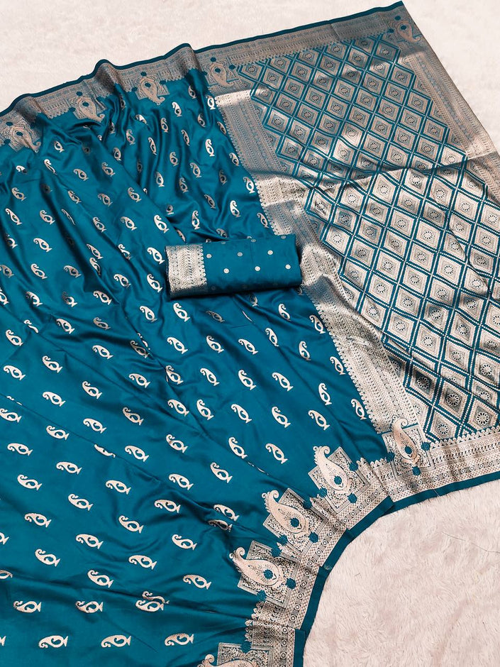 Exquisite Peacock Blue Soft Silk Saree with Silver Zari Paisley Butta & Ornate Pallu