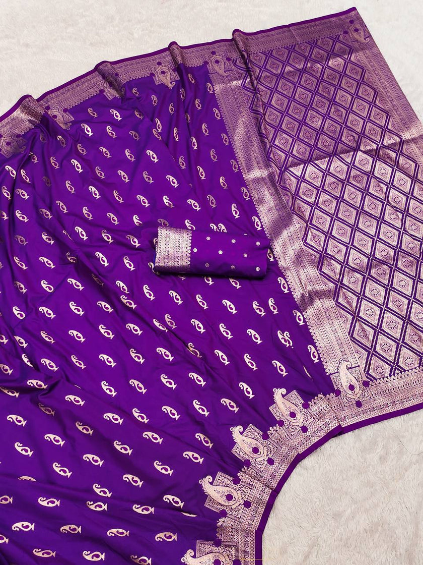 Royal Purple Banarasi Silk Saree with Antique Silver Zari & Butta Work