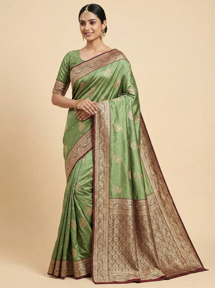 Sage Green Banarasi Silk Saree with Antique Zari Peacock Motifs and Maroon Border