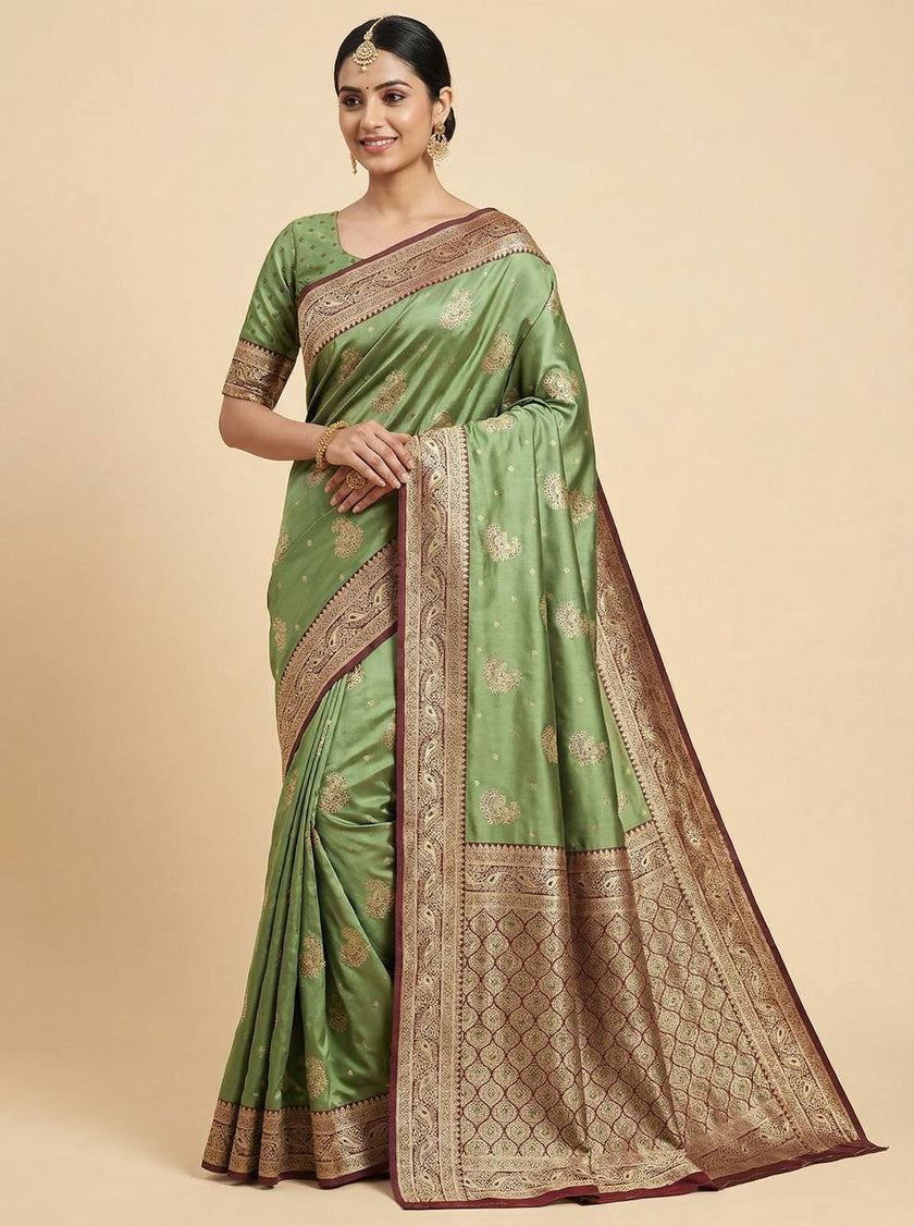 Sage Green Banarasi Silk Saree with Antique Zari Peacock Motifs and Maroon Border