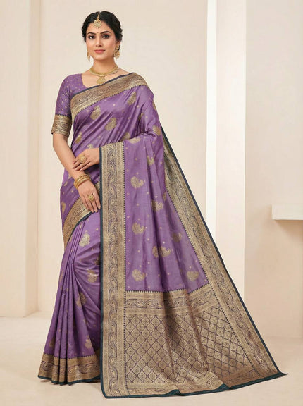 Lavender Banarasi Silk Saree with Antique Zari Weaving & Peacock Motifs