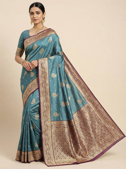 Elegant Teal Blue Banarasi Silk Saree with Antique Gold Zari & Purple Border