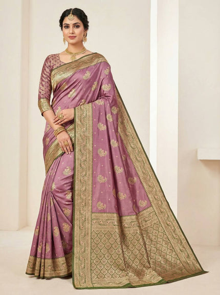 Mauve Lavender Banarasi Soft Silk Saree with Antique Zari Weaving & Contrast Green Border