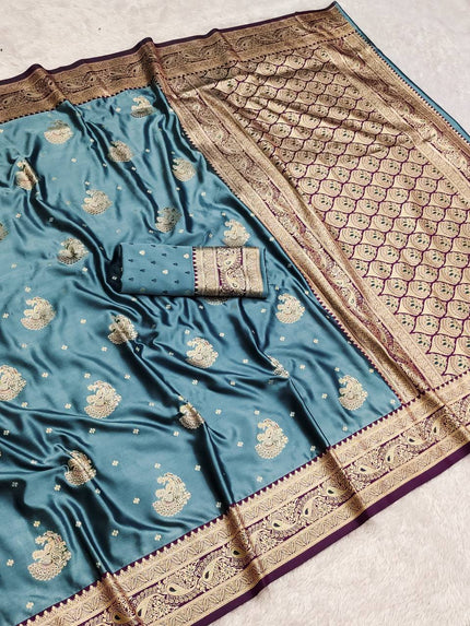 Elegant Teal Blue Banarasi Silk Saree with Antique Gold Zari & Purple Border
