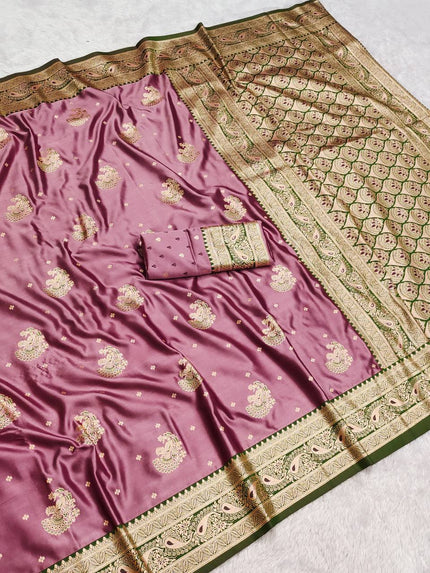 Mauve Lavender Banarasi Soft Silk Saree with Antique Zari Weaving & Contrast Green Border