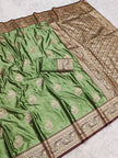 Sage Green Banarasi Silk Saree with Antique Zari Peacock Motifs and Maroon Border