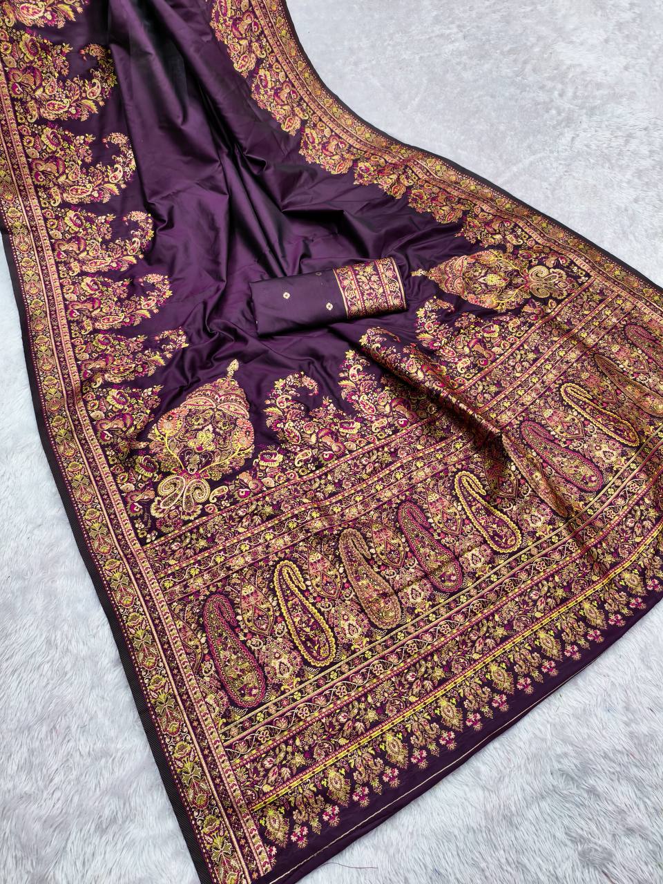 Deep Wine Silk Jamawar Saree with Multicolor Kashmiri-Style Floral Weaving & Grand Pallu