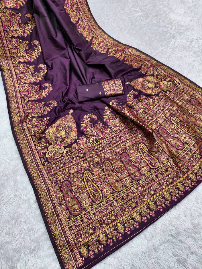 Deep Wine Silk Jamawar Saree with Multicolor Kashmiri-Style Floral Weaving & Grand Pallu