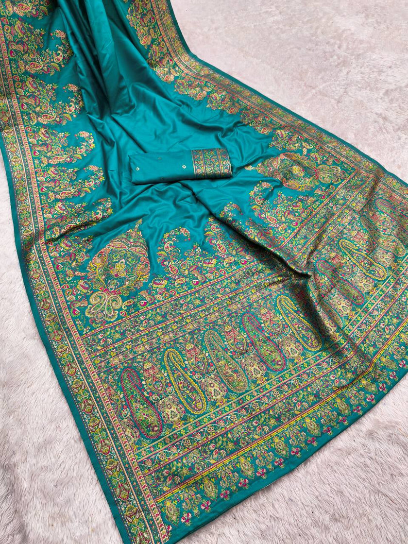 Exquisite Teal Kashmiri Silk Saree with Intricate Jamawar Floral Weave & Matching Blouse