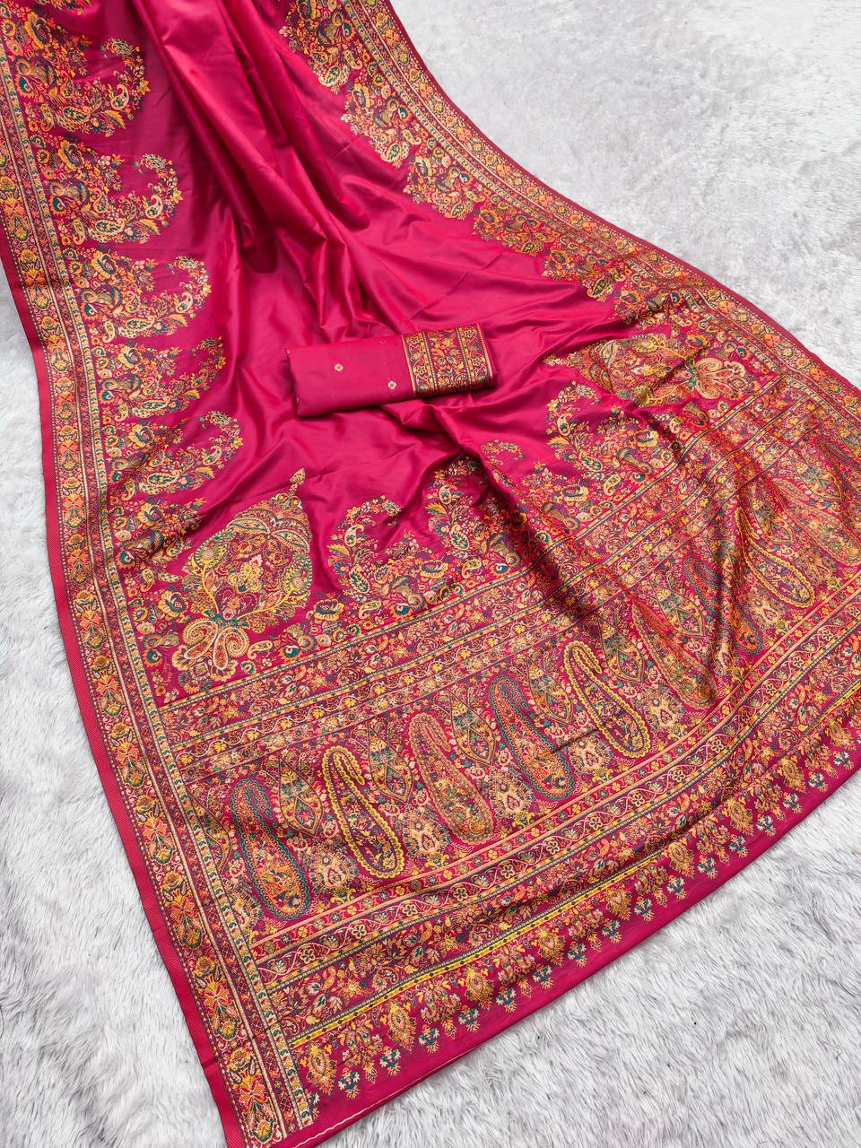 Radiant Rani Pink Kashmiri Silk Saree with Traditional Jamawar Weave & Matching Blouse