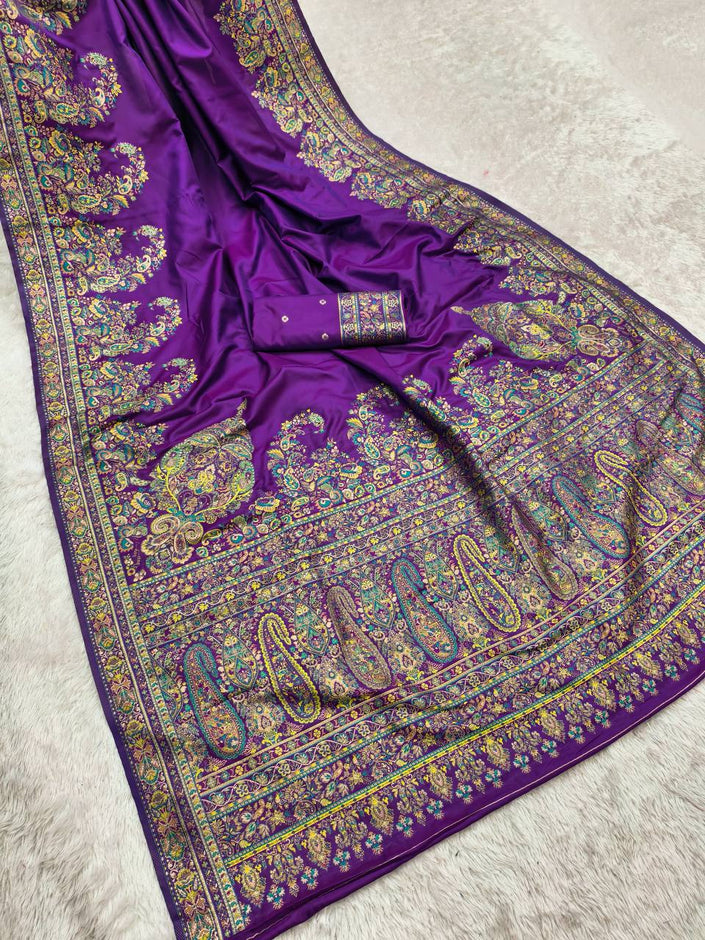 Royal Purple Satin Silk Saree with Intricate Kashmiri Paisley Jamawar Print