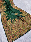 Emerald Green Satin Silk Saree with Traditional Kashmiri Jamawar Print