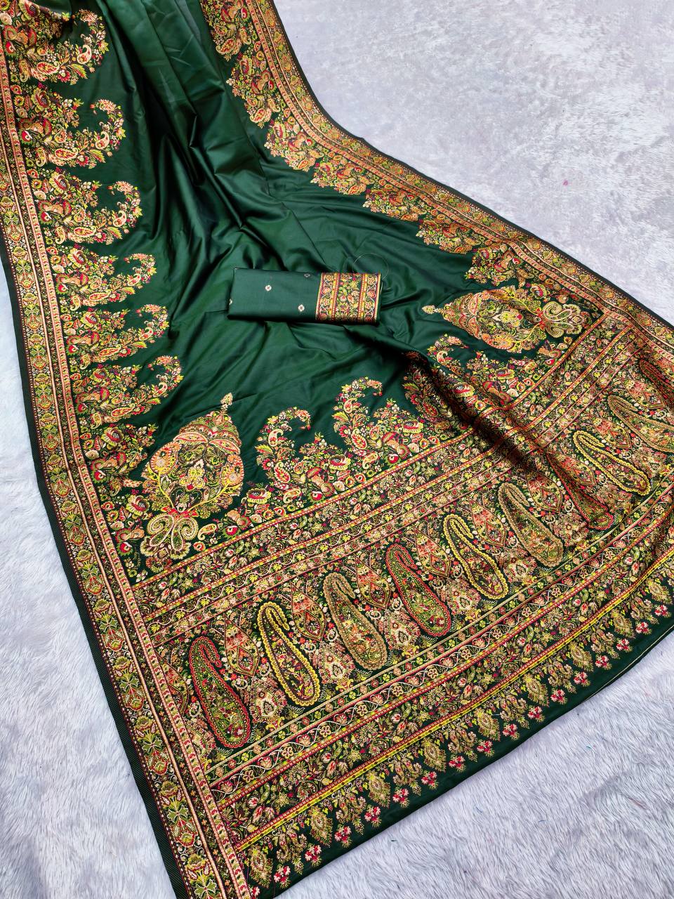 Emerald Green Satin Silk Saree with Traditional Kashmiri Jamawar Print