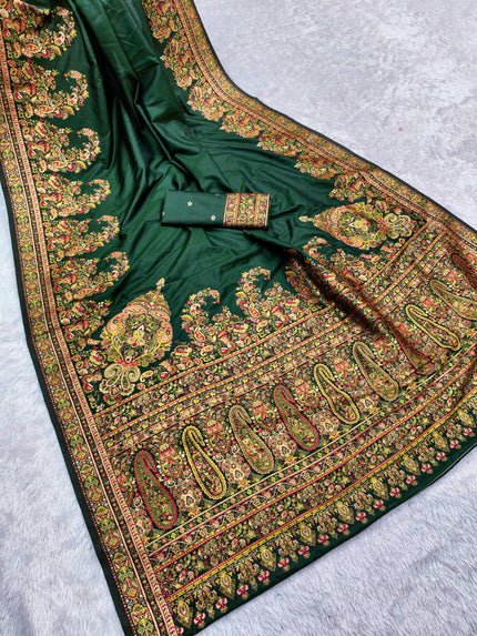 Emerald Green Satin Silk Saree with Traditional Kashmiri Jamawar Print