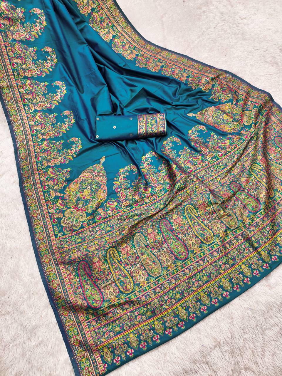 Radiant Peacock Blue Satin Silk Saree with Kashmiri Jamawar Paisley Art