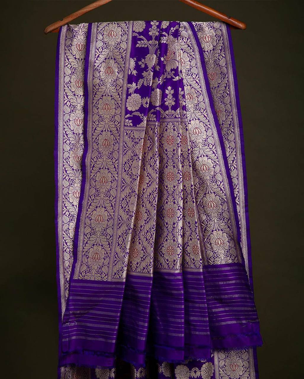 Royal Purple Banarasi Silk Saree with All-Over Floral Zari Jaal & Grand Border