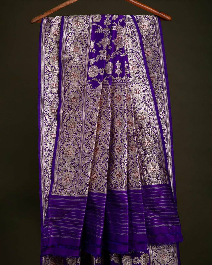 Royal Purple Banarasi Silk Saree with All-Over Floral Zari Jaal & Grand Border