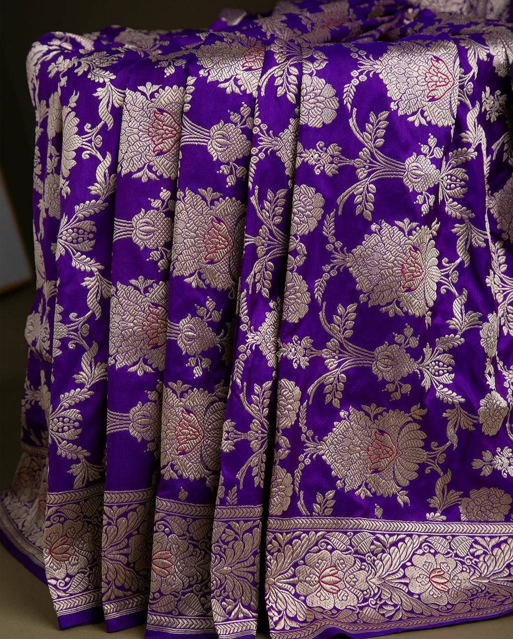 Royal Purple Banarasi Silk Saree with All-Over Floral Zari Jaal & Grand Border