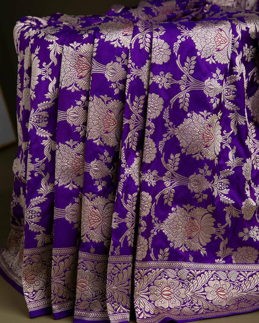 Royal Purple Banarasi Silk Saree with All-Over Floral Zari Jaal & Grand Border