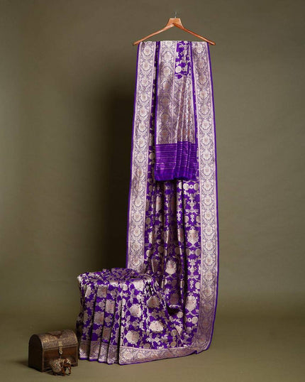 Royal Purple Banarasi Silk Saree with All-Over Floral Zari Jaal & Grand Border