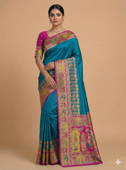 Peacock Blue Art Silk Saree with Rani Pink Temple Border & Paithani-Style Pallu