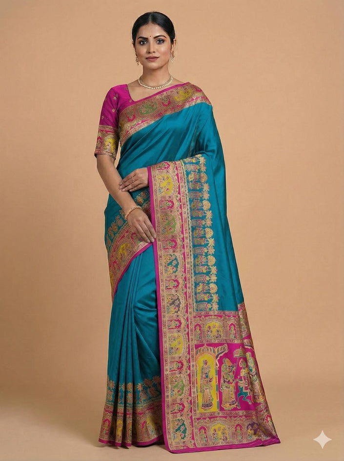 Peacock Blue Art Silk Saree with Rani Pink Temple Border & Paithani-Style Pallu