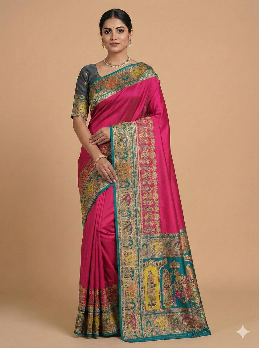 Rani Pink Silk Saree with Antique Zari Temple Border