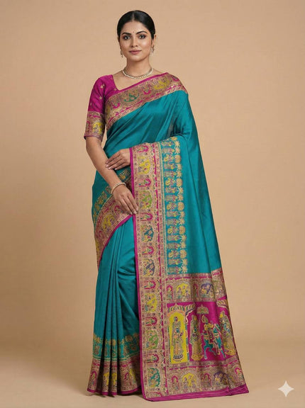 Royal Forest Green & Maroon Fusion Saree – Traditional Zari Weave with Ornate Borders
