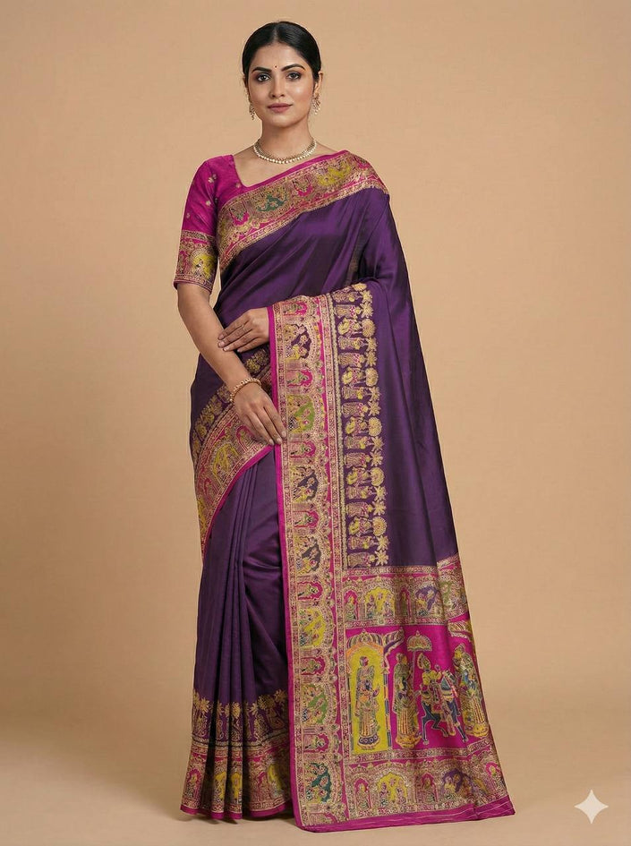 Deep Purple Silk Saree with Rich Pink Zari Heritage Border
