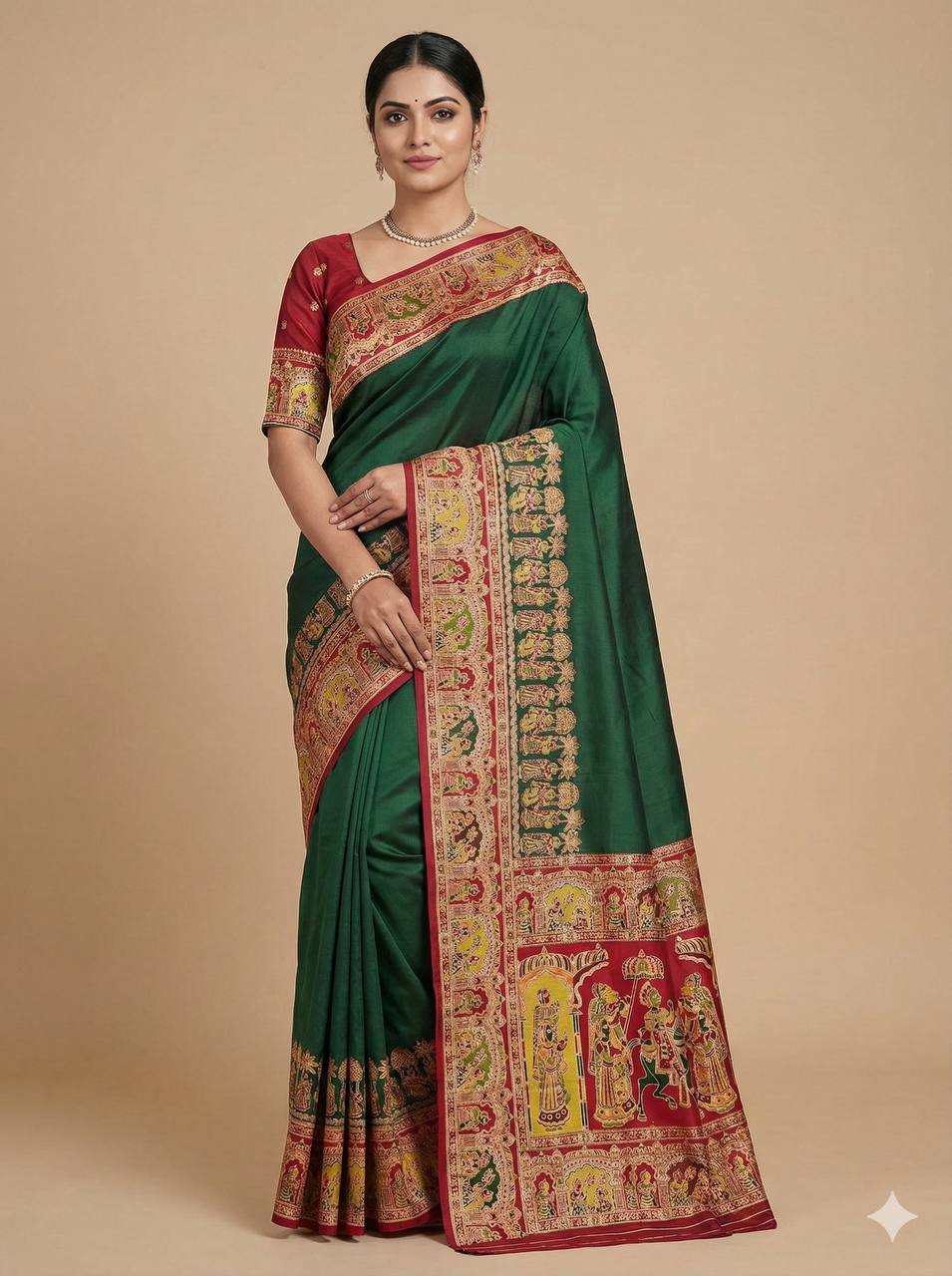 Seafoam Green Art Silk Saree with Rani Pink Border & Traditional Animal Motifs