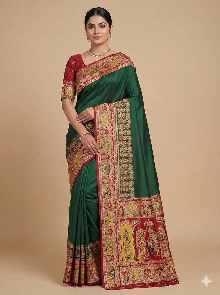 Seafoam Green Art Silk Saree with Rani Pink Border & Traditional Animal Motifs