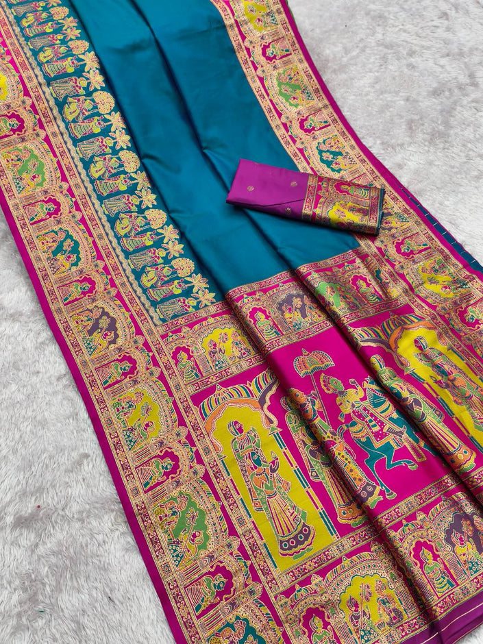 Peacock Blue Art Silk Saree with Rani Pink Temple Border & Paithani-Style Pallu