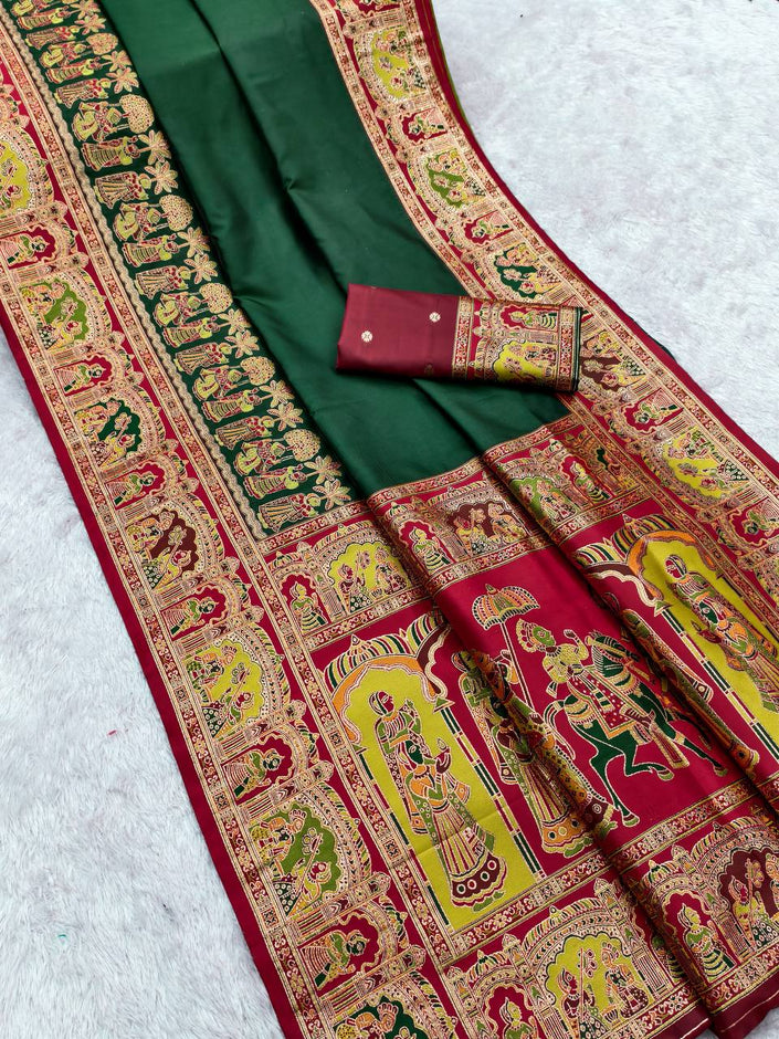 Seafoam Green Art Silk Saree with Rani Pink Border & Traditional Animal Motifs