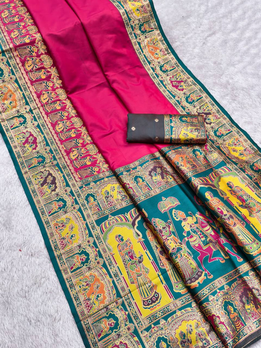 Rani Pink Silk Saree with Antique Zari Temple Border
