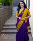 Vibrant Purple Handloom Check Saree with Mustard Yellow Temple Border & Matching Blouse Set