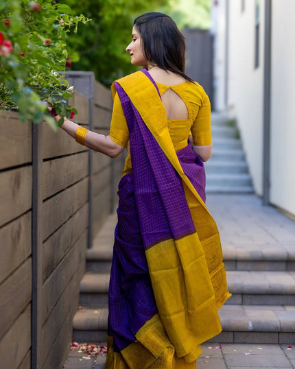 Vibrant Purple Handloom Check Saree with Mustard Yellow Temple Border & Matching Blouse Set