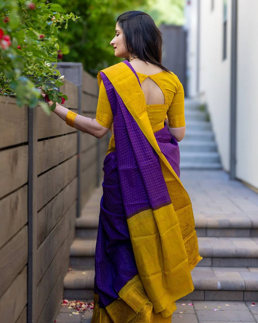 Vibrant Purple Handloom Check Saree with Mustard Yellow Temple Border & Matching Blouse Set