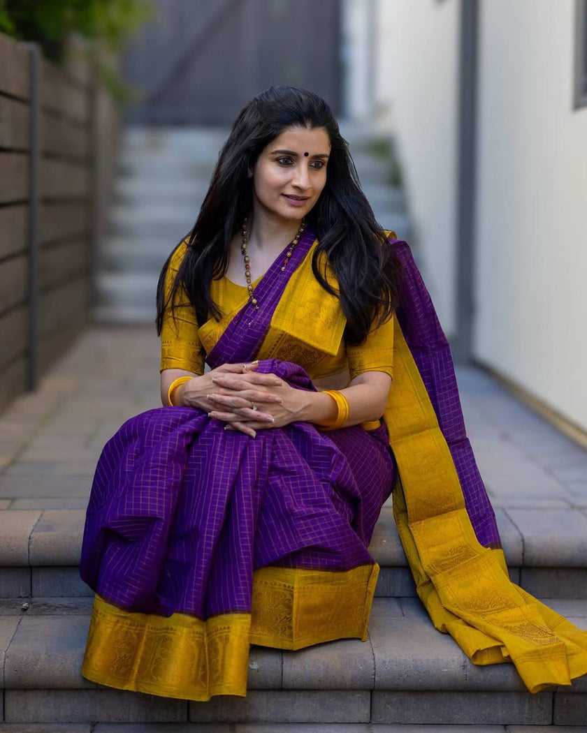 Vibrant Purple Handloom Check Saree with Mustard Yellow Temple Border & Matching Blouse Set