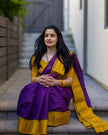 Vibrant Purple Handloom Check Saree with Mustard Yellow Temple Border & Matching Blouse Set