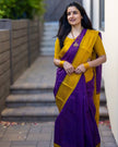 Vibrant Purple Handloom Check Saree with Mustard Yellow Temple Border & Matching Blouse Set
