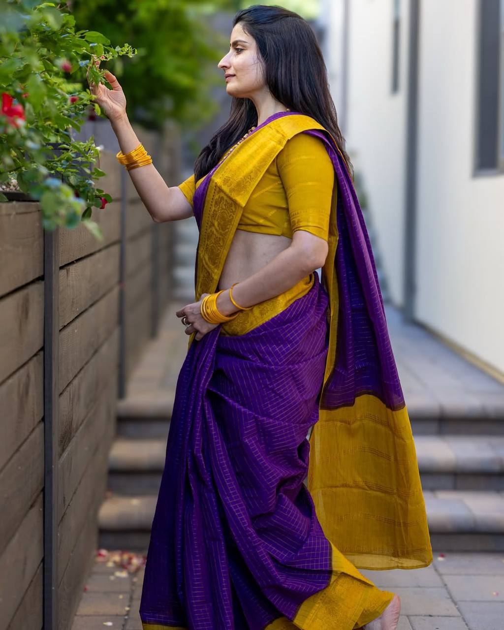 Vibrant Purple Handloom Check Saree with Mustard Yellow Temple Border & Matching Blouse Set