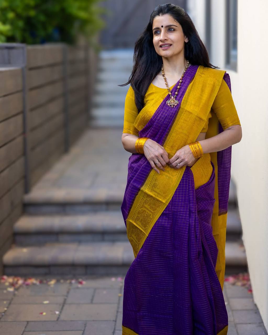 Vibrant Purple Handloom Check Saree with Mustard Yellow Temple Border & Matching Blouse Set
