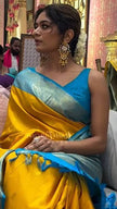 Radiant Mustard Yellow Silk Saree with Sky Blue Zari Border & Contrast Tassels