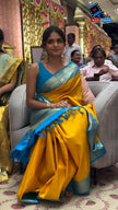 Radiant Mustard Yellow Silk Saree with Sky Blue Zari Border & Contrast Tassels