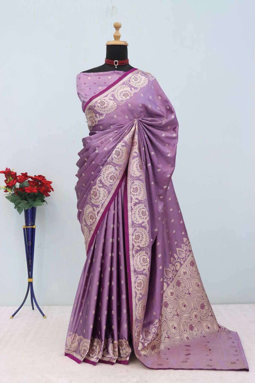 Lavender Purple Silk Saree with Elegant Floral Zari Border